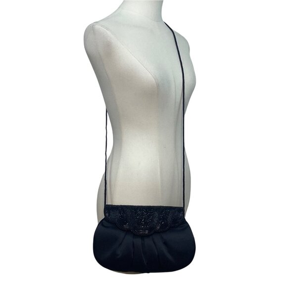 Vintage Black Beaded Satin With Scalloped Flap Design & Long Strap Evening Bag - Picture 2 of 8